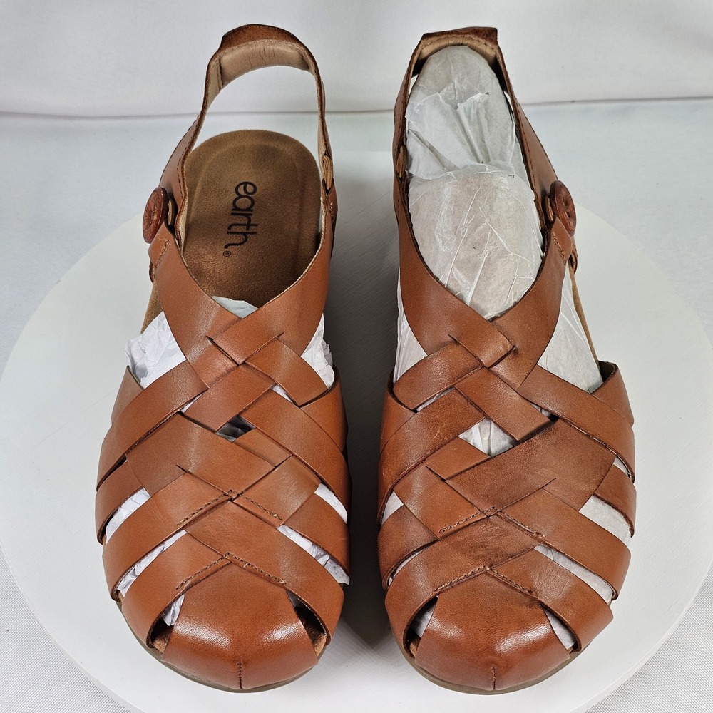 New Earth Origins Women Tan Leather Fisherman Sandals Woven Slingback Flats 9.5M - Picture 5 of 7